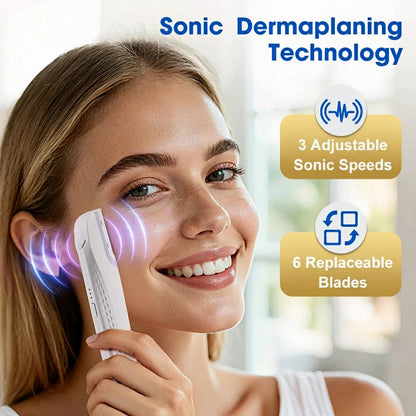 Revitalize Your Skin with the Women's Sonic Rechargeable Dermaplane Razor - 6 Replaceable Blades for Effortless Facial Exfoliation and Hair Removal